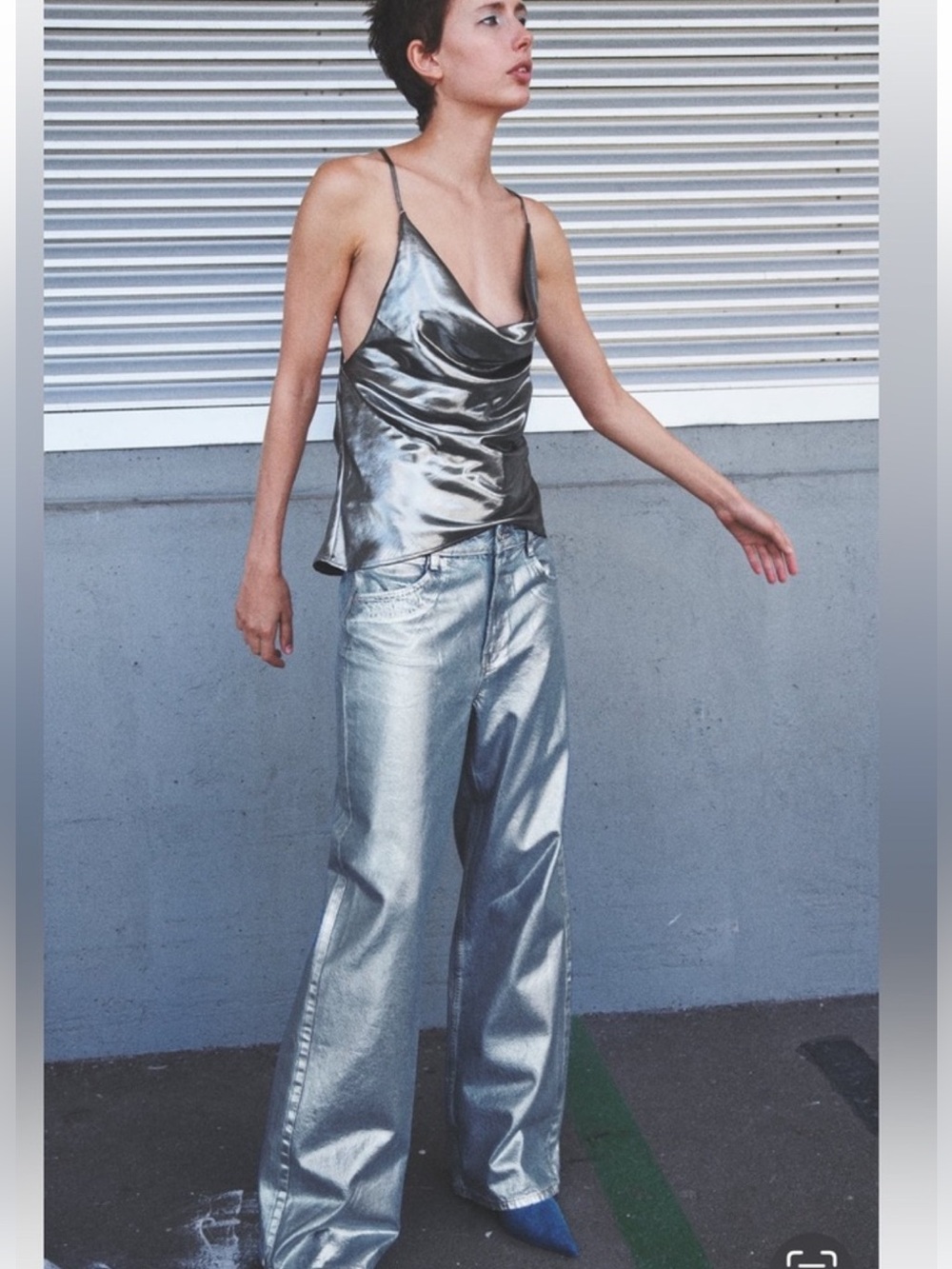 Zara Metallic Silver Wide-Leg Jeans
